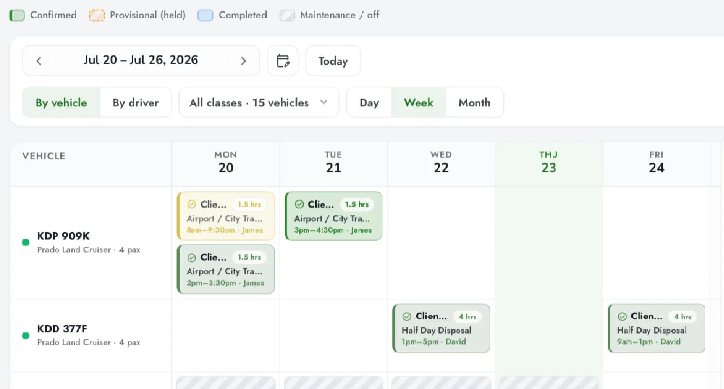 Fleet OS availability calendar with vehicles booked, on maintenance hold and free