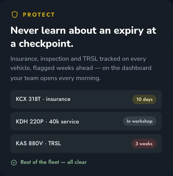 Fleet OS compliance tracking with document expiry dates per vehicle and driver
