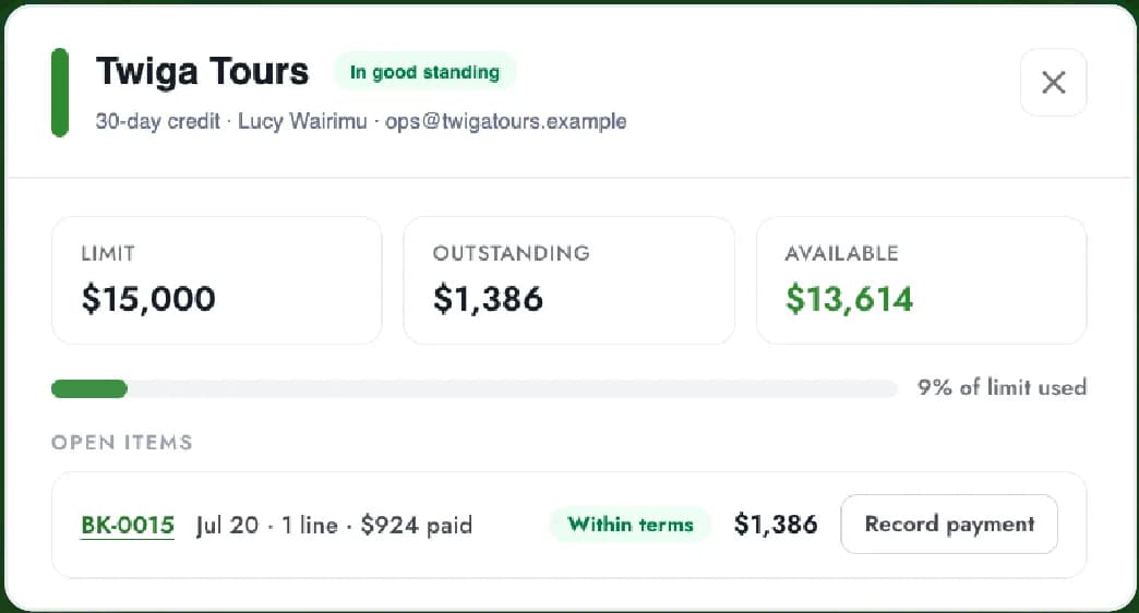 Fleet OS finance view listing client balances and payment status